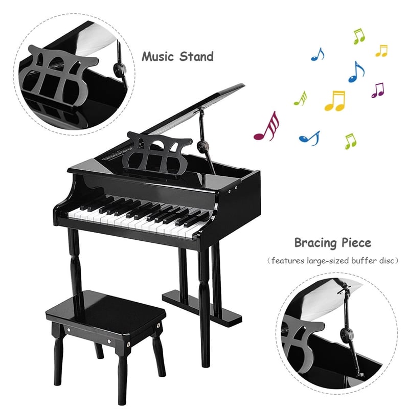 Children 30 Key Toy Grand Baby Piano with Kids Bench Wood Black