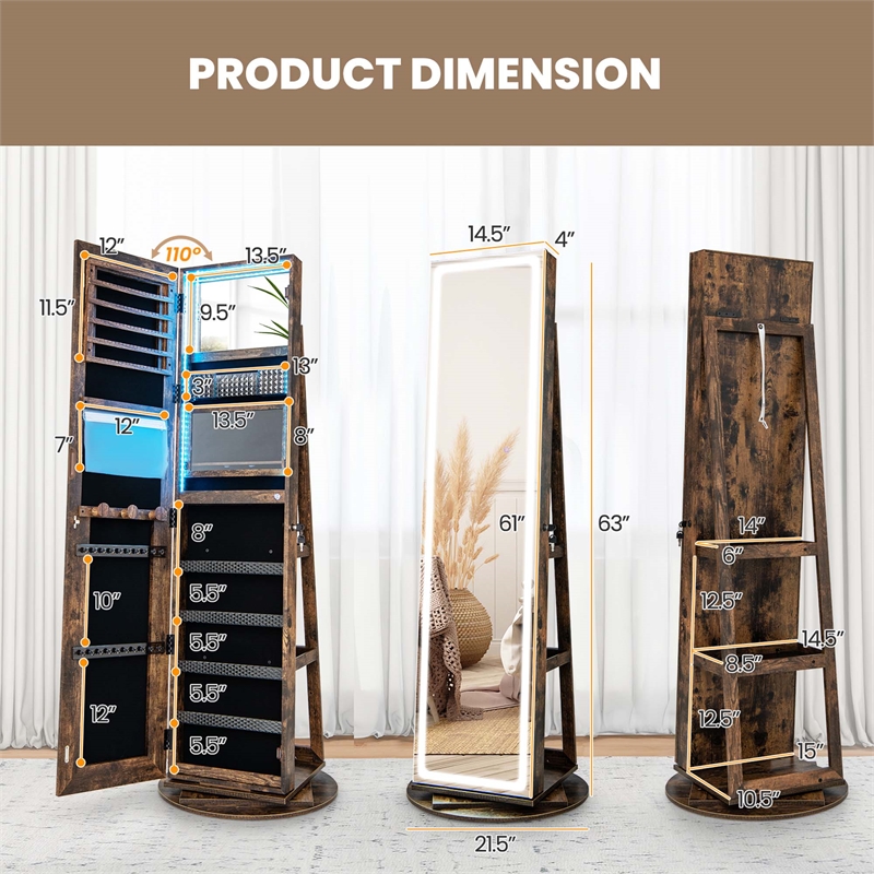 Swivel Jewelry Cabinet Organizer 3 Color LED Mirror w/Built in Lights Coffee