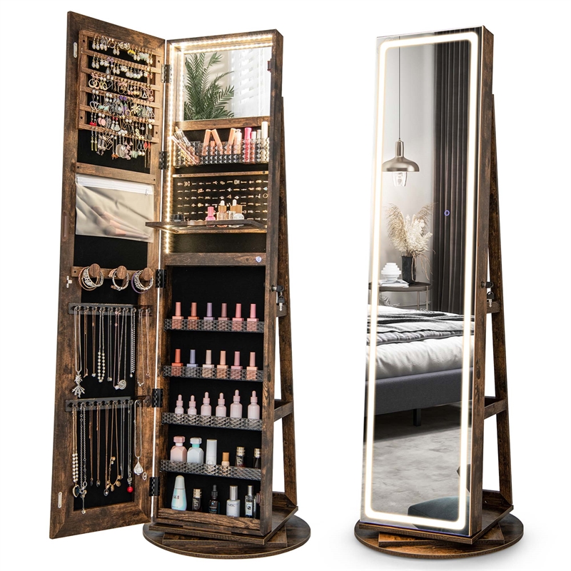Swivel Jewelry Cabinet Organizer 3 Color LED Mirror w/Built in Lights Coffee