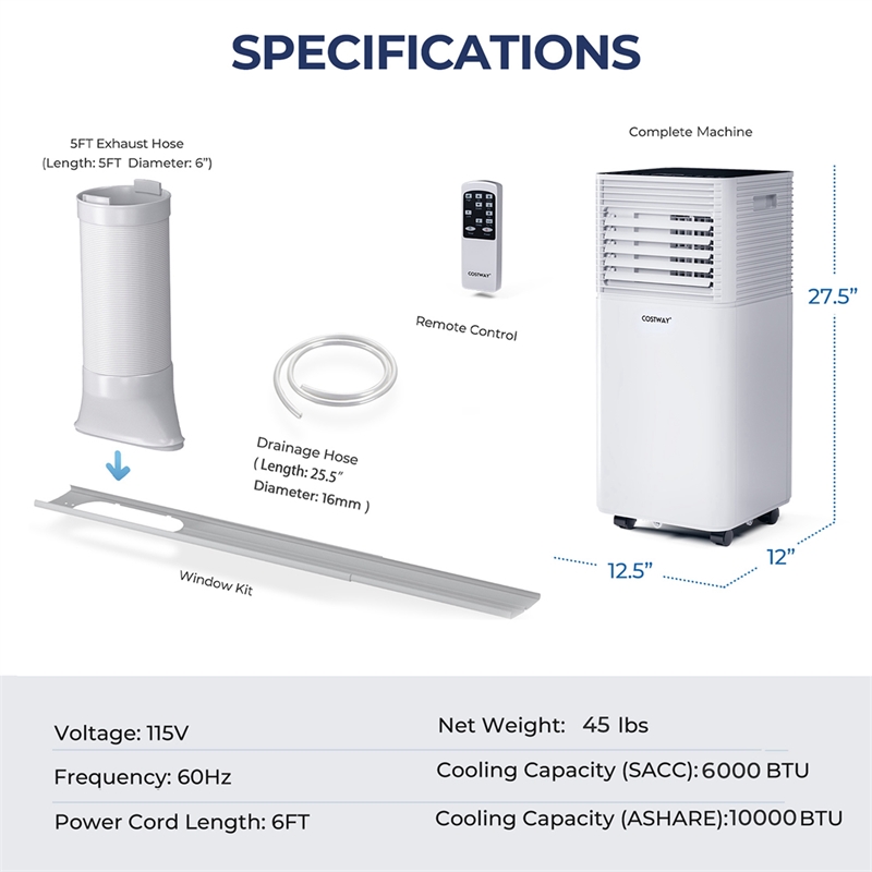 6000 BTU (10000 BTU ASHRAE) Portable Air Conditioner Air Cooler Black