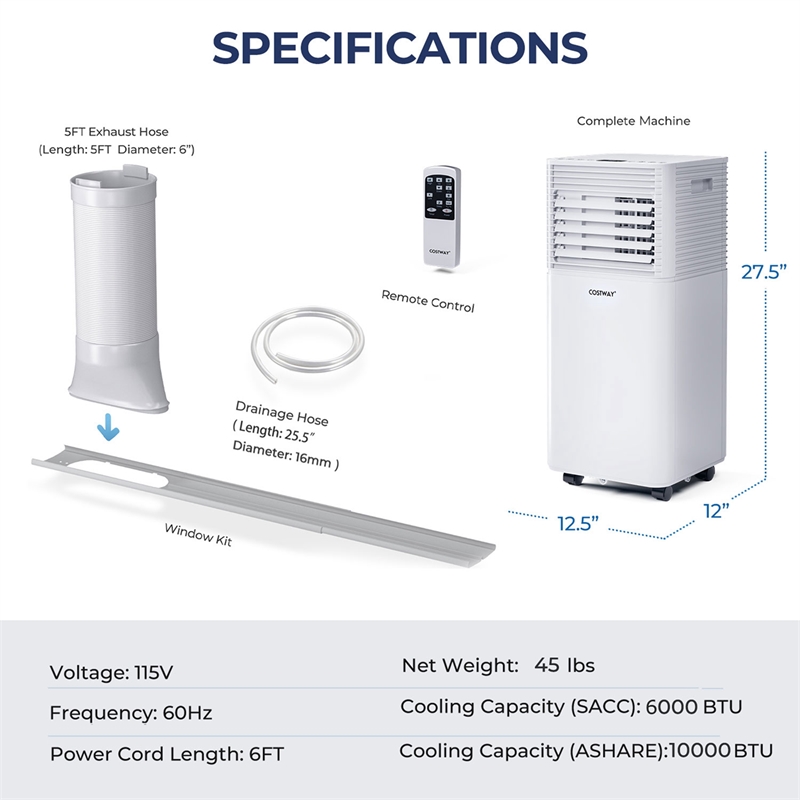 6000BTU (10000 BTU ASHRAE) Portable Air Conditioner Air Cooler