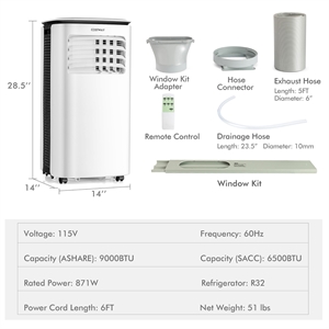 6500 BTU (9000 BTU ASHRAE) Air Cooler 3 in 1 Portable Air Conditioner