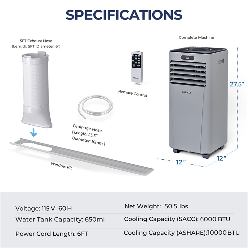 6000 BTU (10000 BTU ASHRAE) Portable Air Conditioner with Remote Control Gray