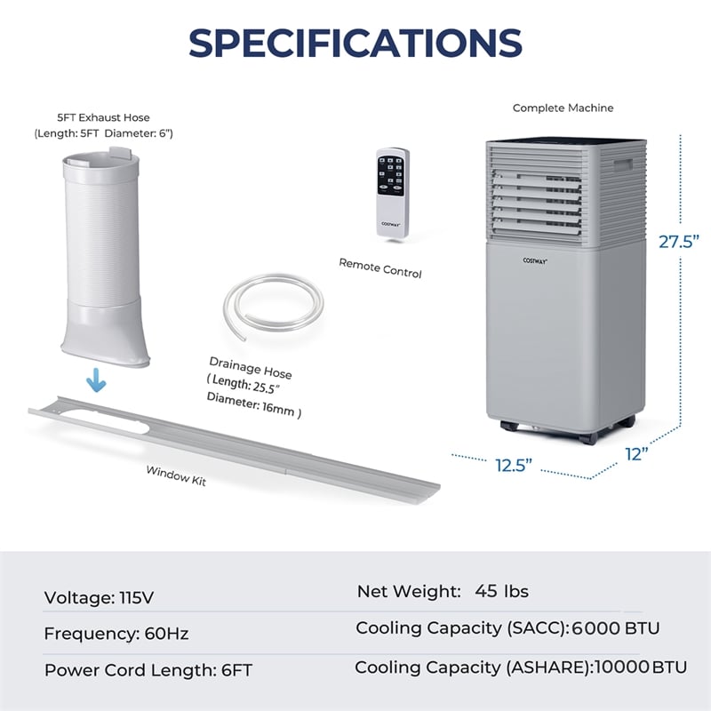 6000 BTU (10000 BTU ASHRAE) Portable Air Conditioner Air Cooler Gray