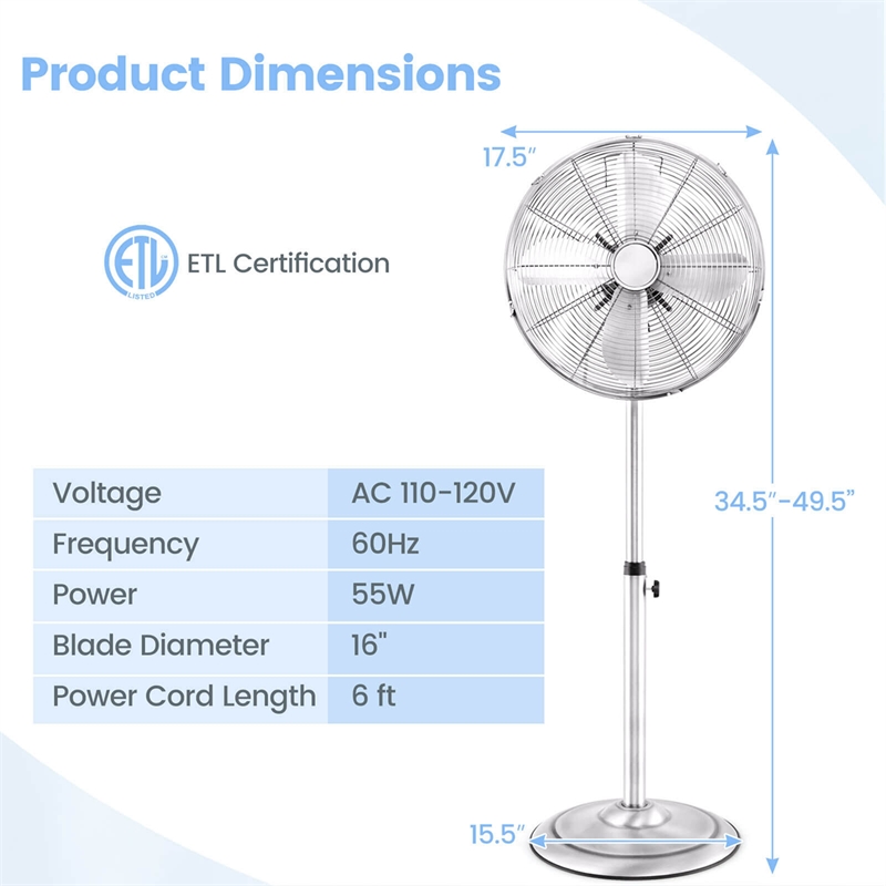 16inch Standing Pedestal Fan with 3 Speed Settings Carrying Handle SilverSilver