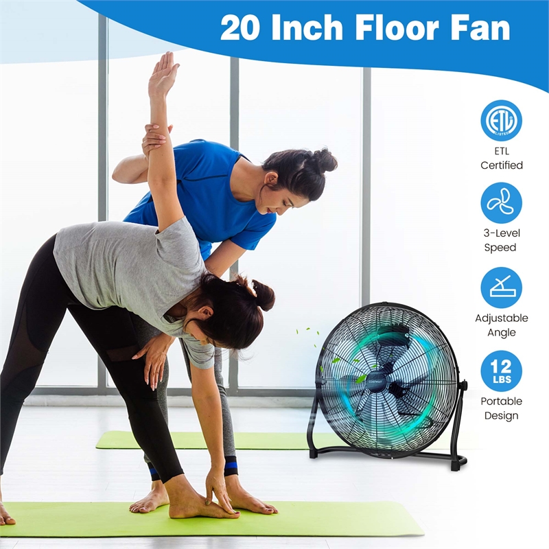 20 Inches High Velocity Floor Fan with 3 Powerful Speeds Black