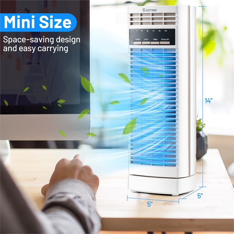 14inch Mini Oscillating Tower Fan Electric Desk Fan with 3 Speed and Timer White