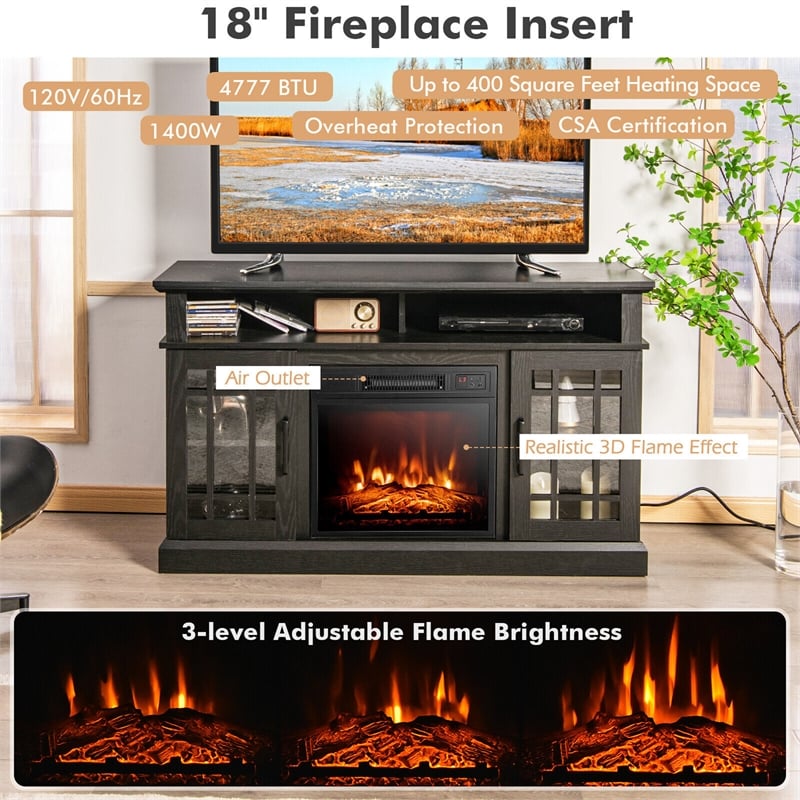 48inch TV Stand Console Cabinet with Fireplace Entertainment Center Black