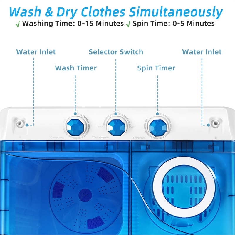 26 lbs Portable Semi automatic Twin Tub Washing Machine with Drain Pump Blue