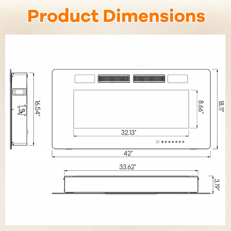 42 Inches Ultra Thin Electric Fireplace Wall Mounted and Fireplace Black