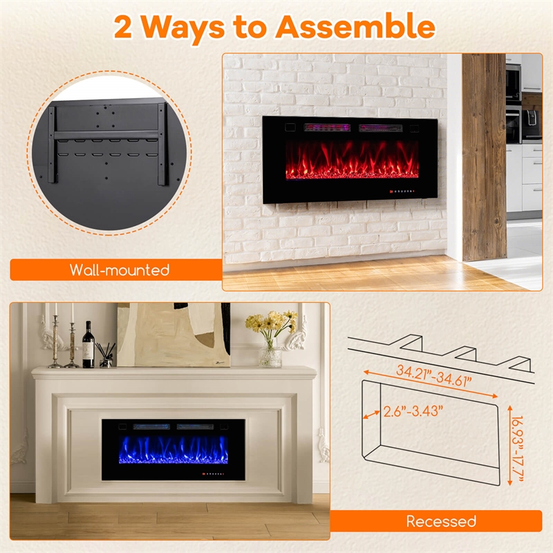 42 Inches Ultra Thin Electric Fireplace Wall Mounted and Fireplace Black
