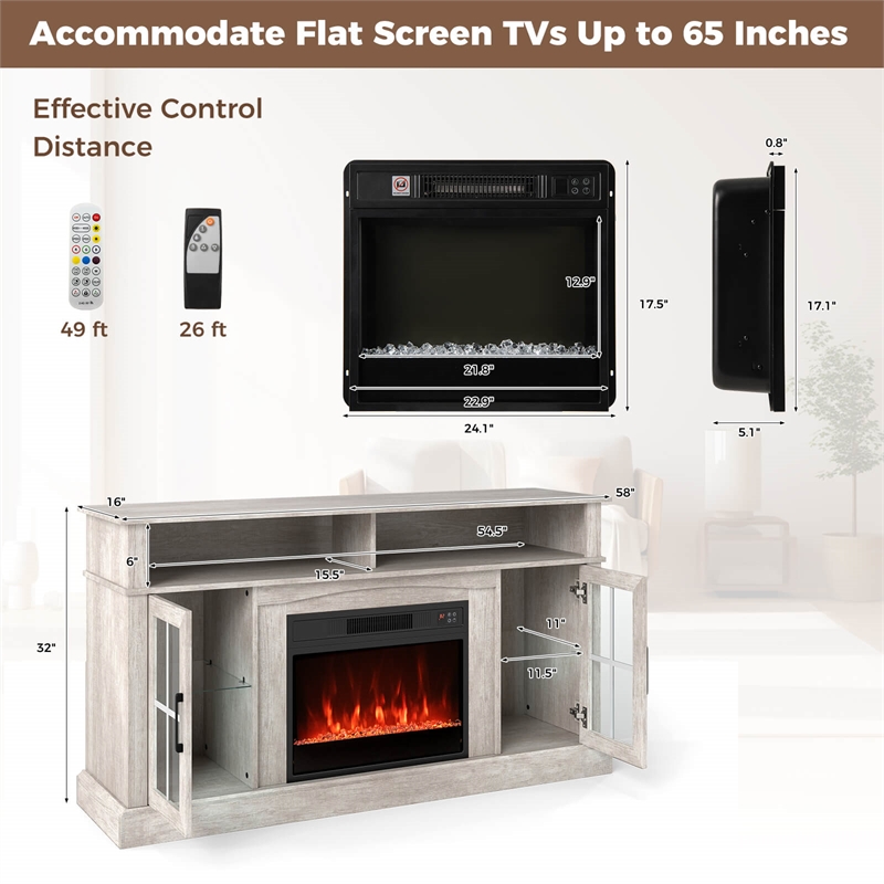 58inch Fireplace TV Stand with LED Lights for 65 Inch TV Gray