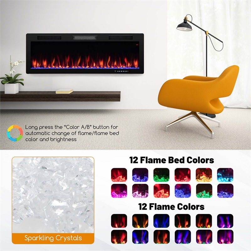 50inch Linear Electric Fireplace 1500W Recessed Wall Mounted Black
