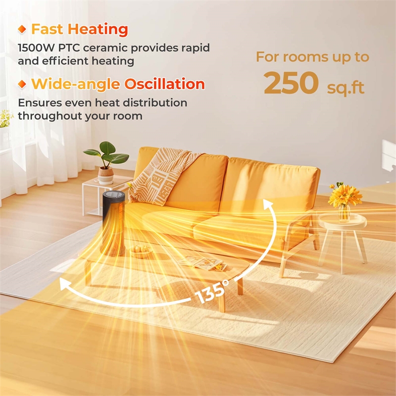 17 Inch Tower Space Heater for Indoor Use 1500W PTC Fireplace Heater Black