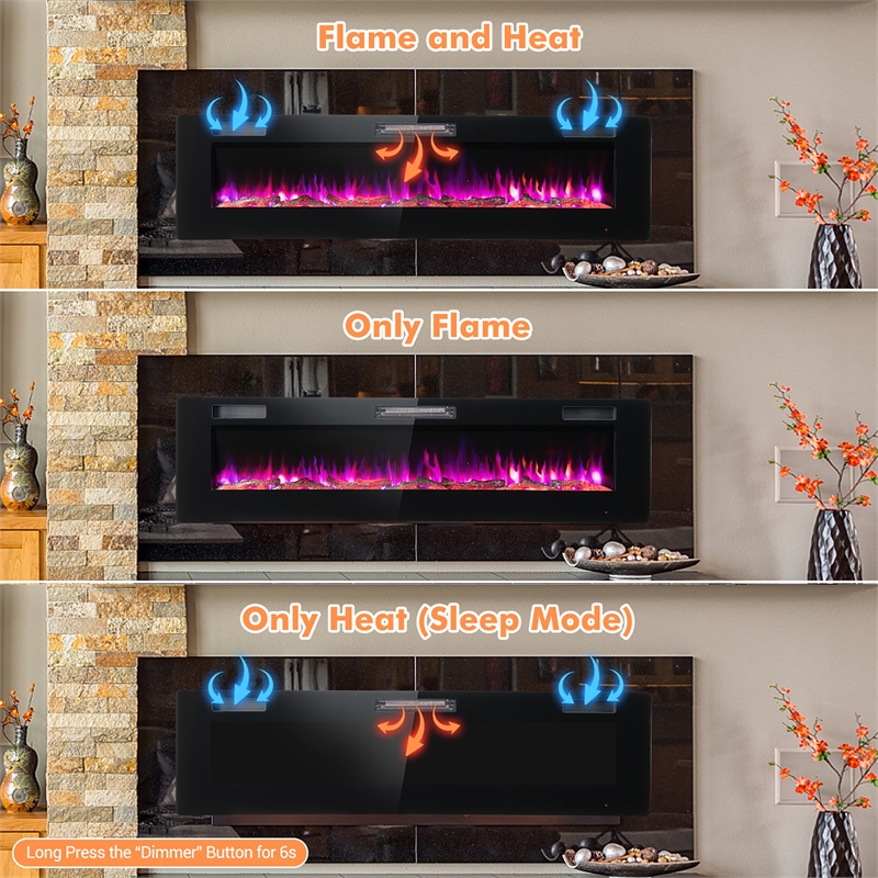 68inch Ultra Thin Electric Fireplace Recessed Wall Mounted Black