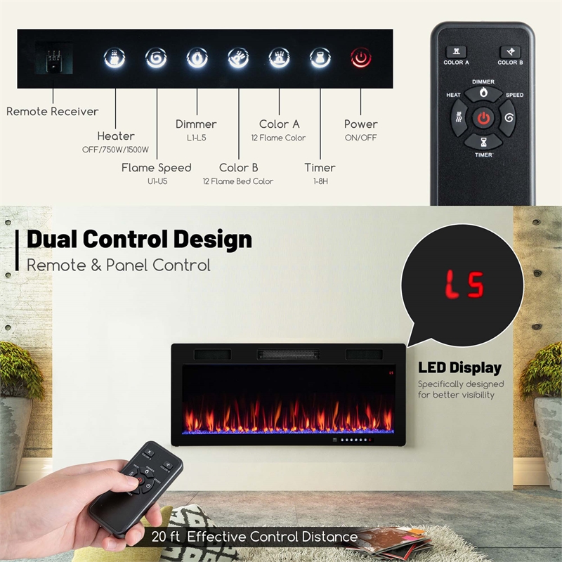 40inch Linear Electric Fireplace 1500W Recessed Wall Mounted Black