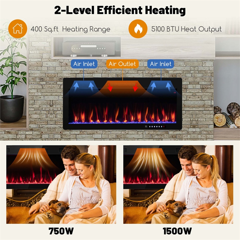 40inch Linear Electric Fireplace 1500W Recessed Wall Mounted Black