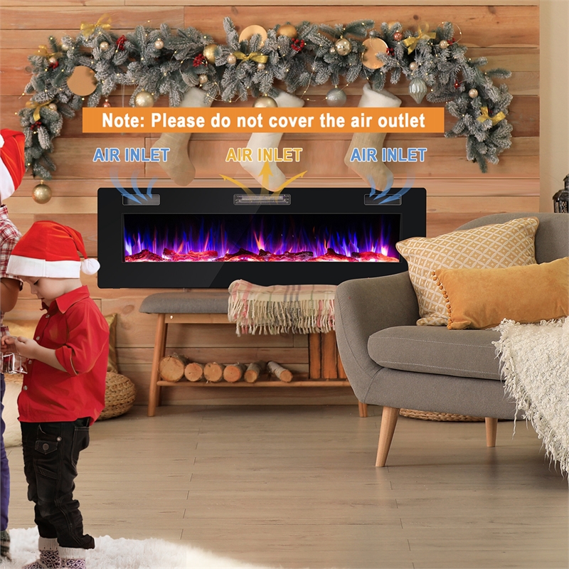 60 Inches Ultra Electric Fireplace Recessed and Wall Mounted Black