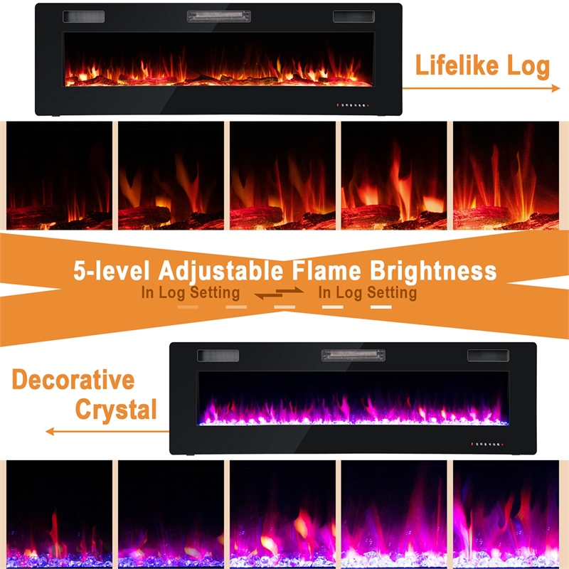 60 Inches Ultra Electric Fireplace Recessed and Wall Mounted Black