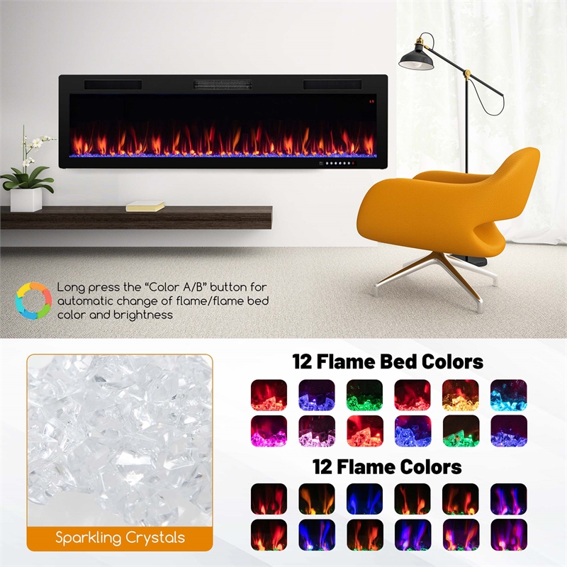 60inch Linear Electric Fireplace 1500W Recessed Wall Mounted Black