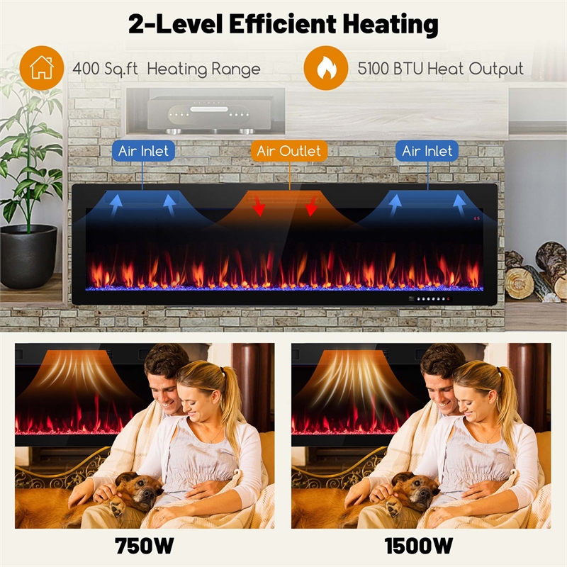 60inch Linear Electric Fireplace 1500W Recessed Wall Mounted Black