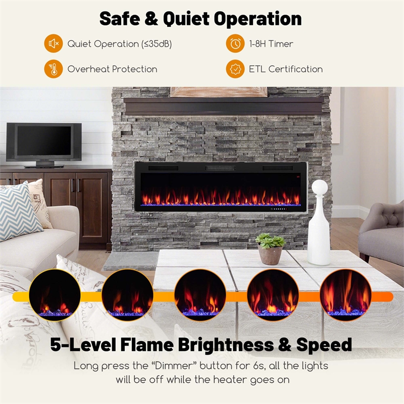 60inch Linear Electric Fireplace 1500W Recessed Wall Mounted Black
