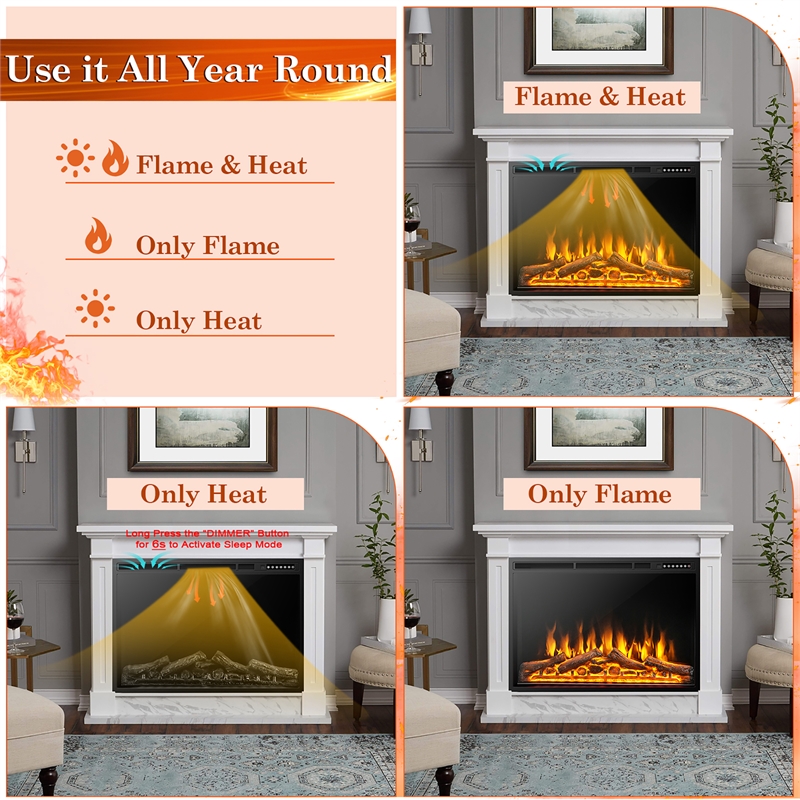 37inchElectric Fireplace Insert Heater Log Flame Effect 1500W Black