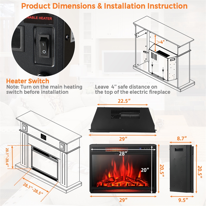 28inch Electric Fireplace Freestanding Heater Log Flame 1350W Black
