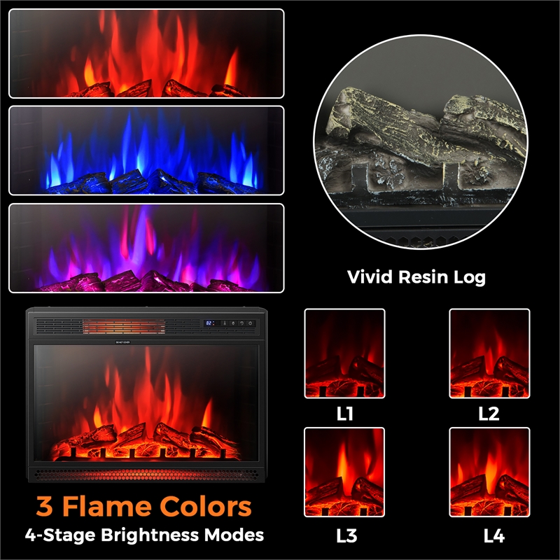 28inch Electric Fireplace Freestanding Heater Log Flame 1350W Black