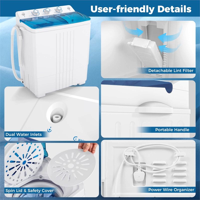 Twin Tub Portable Washing Machine with Drain Pump Timer Control Blue