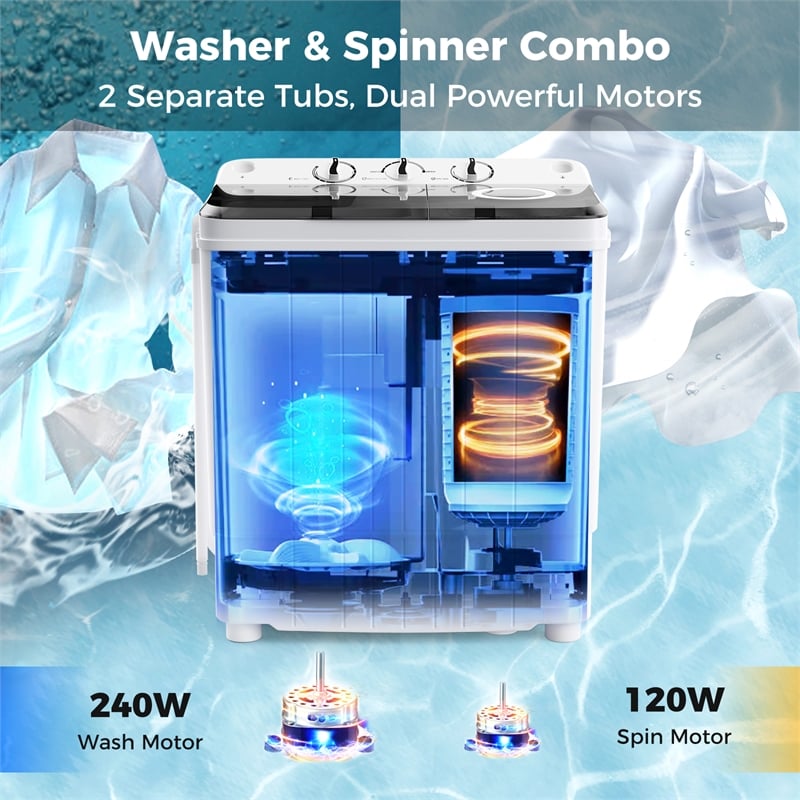 Portable Washing Machine 17.6 lbs Twin Tub Laundry Washer with Drain Pump Grey
