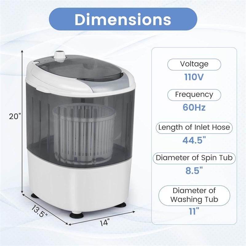 Portable Mini Counter Top Washing Machine 5.5lbs Spin Basket Laundry Gray