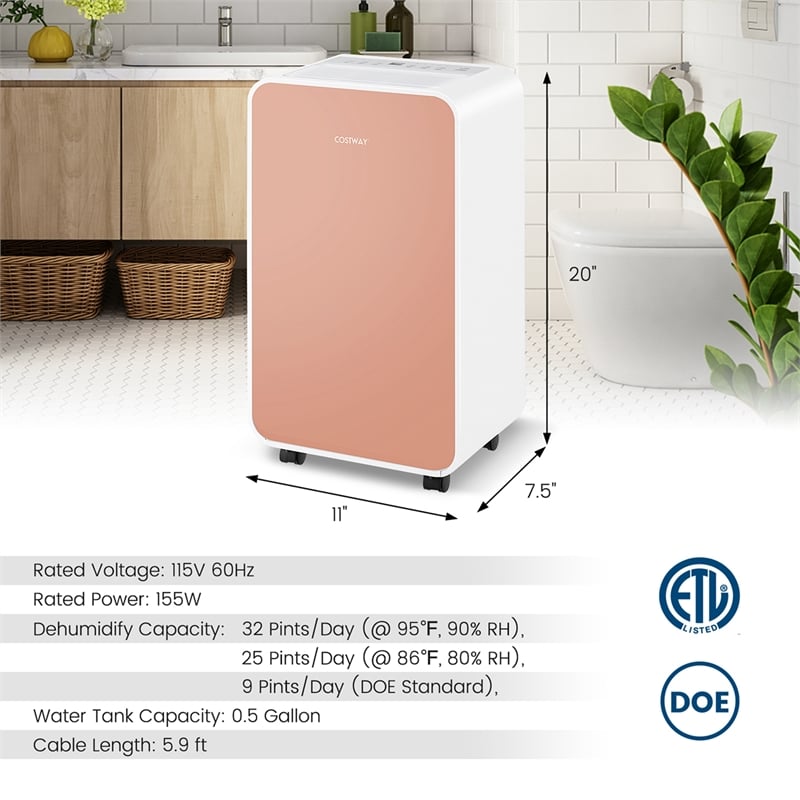 9 Pint(DOE) Portable Dehumidifier 2500 Sq.ft Coverage Area Pink