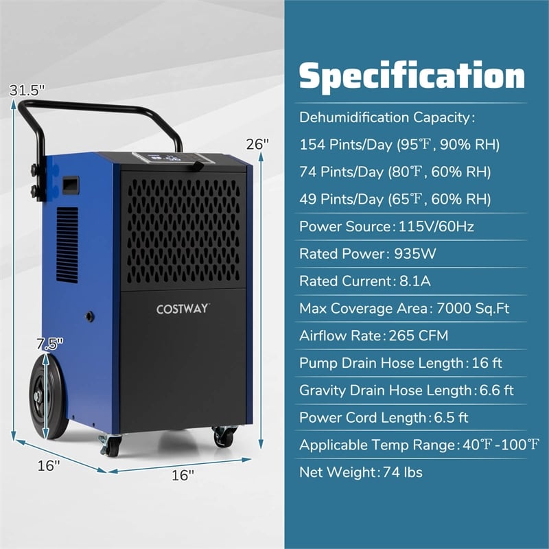 49 Pint(DOE) Commercial Dehumidifier 7500 Sq.ft Coverage Area Blue