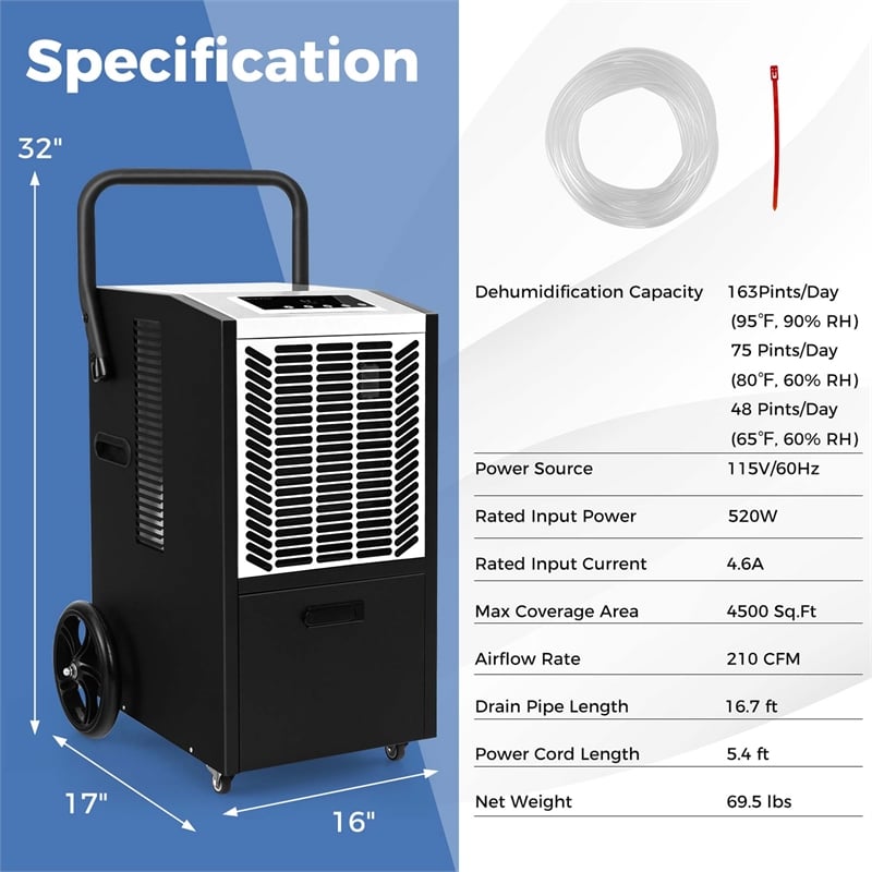 48 Pint(DOE) Commercial Dehumidifier 4500 Sq.ft Coverage Area White