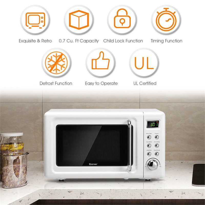 0.7 Cu.ft Retro Countertop Microwave Oven 700W LED White