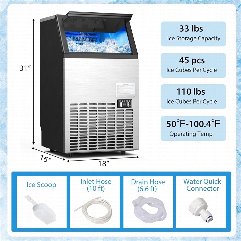 Stainless Steel 110Lbs Portable Ice Machine Black