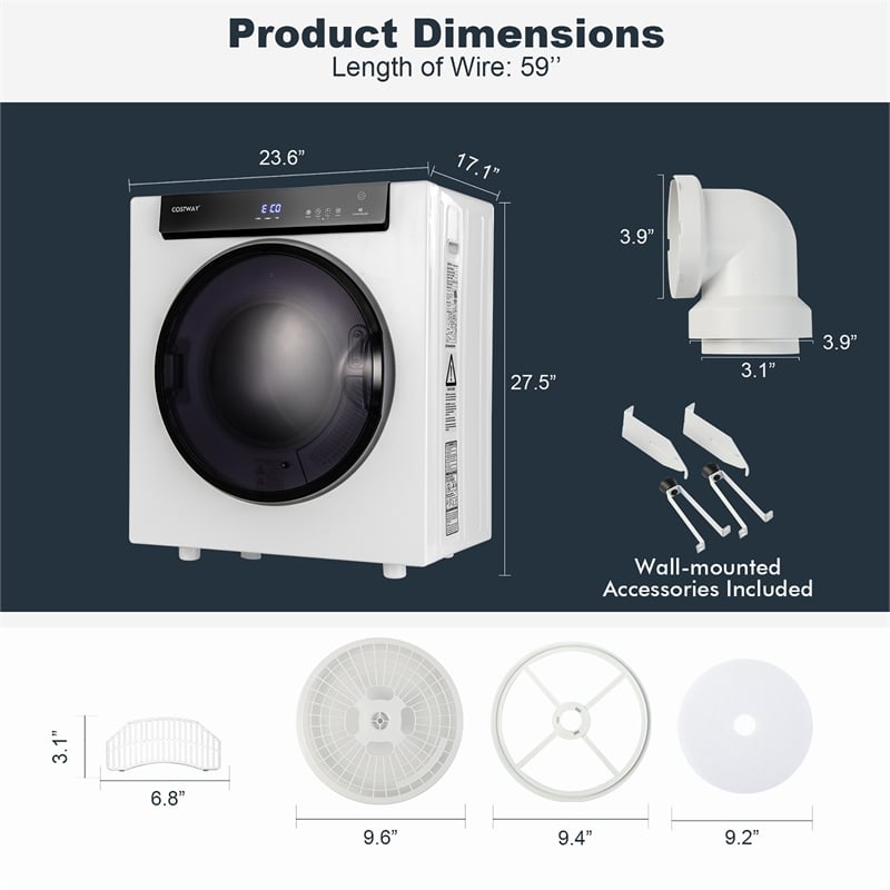 1400W Electric Tumble Compact Laundry Dryer Tub 8.8lbs White