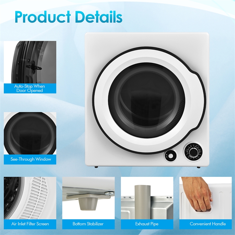 1350W Electric Compact Laundry Dryer 13.2 LBS White