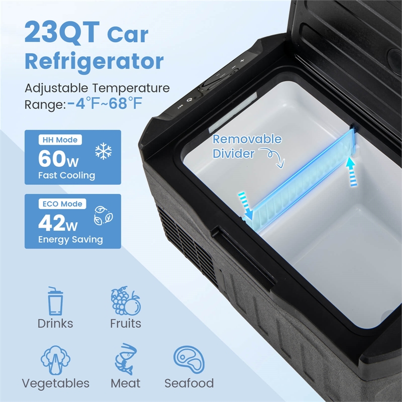 12 Volt Car Refrigerator with Adjustable Range Divider for Camping 23 QT Black Plastic