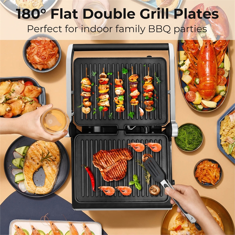 Electric Panini Press Grill Sandwich Maker with LED Display and Removable Drip Tray Black Metal