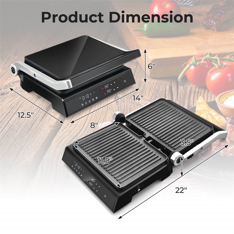 Electric Panini Press Grill Sandwich Maker with LED Display and Removable Drip Tray Black Metal