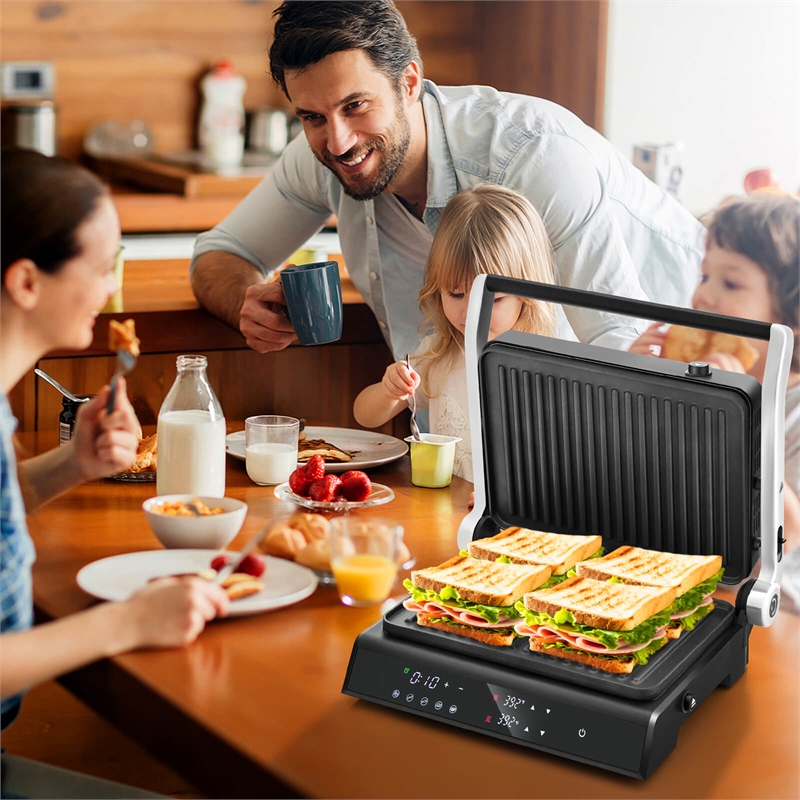 Electric Panini Press Grill Sandwich Maker with LED Display and Removable Drip Tray Black Metal