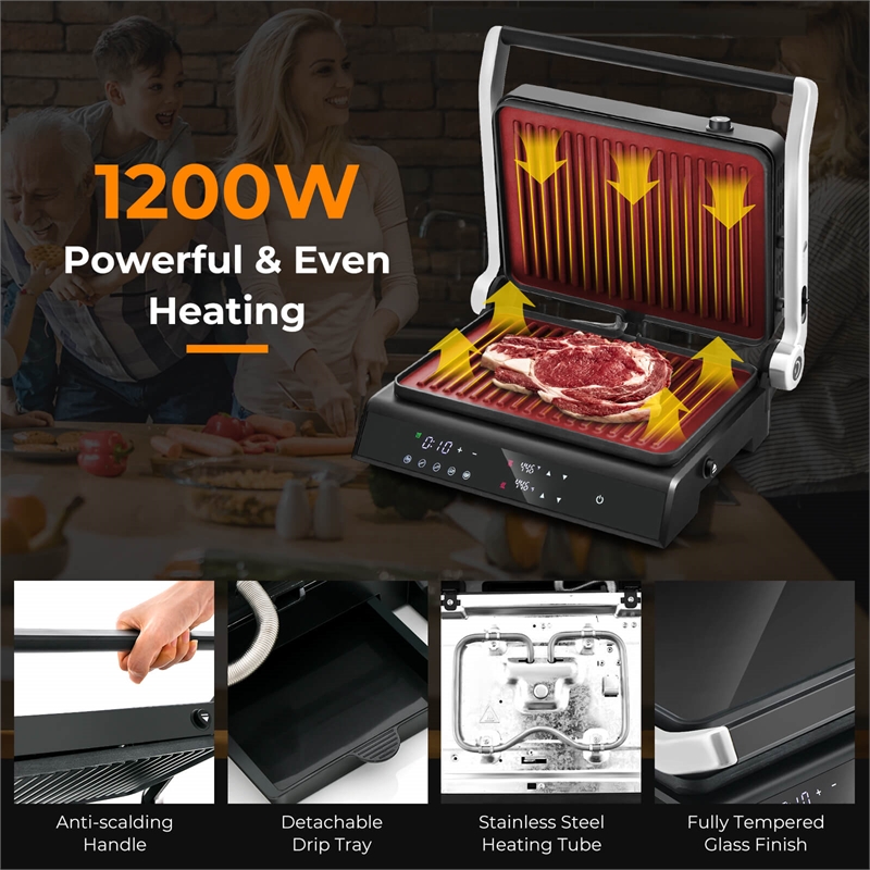 Electric Panini Press Grill Sandwich Maker with LED Display and Removable Drip Tray Black Metal