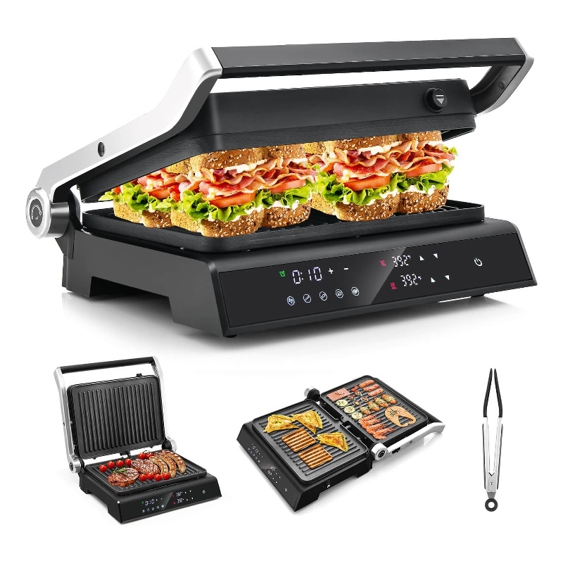 Electric Panini Press Grill Sandwich Maker with LED Display and Removable Drip Tray Black Metal