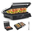 Electric Panini Press Grill Sandwich Maker with LED Display and Removable Drip Tray Black Metal