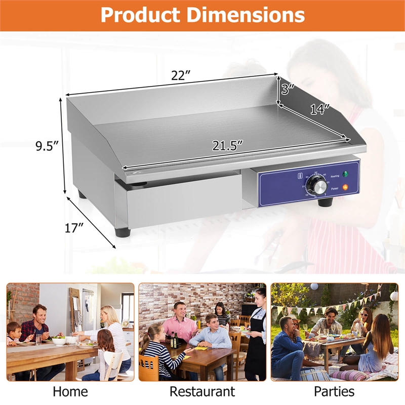 22'' Commercial Electric Griddle 110V 2000W Flat Top Countertop Grill Silver