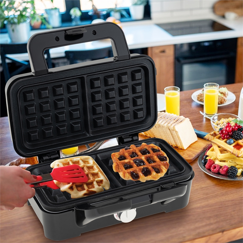 3 in 1 Waffle Iron Panini Press Grill and Sandwich Maker Set with Removable Non-Stick Plates Black Stainless Steel