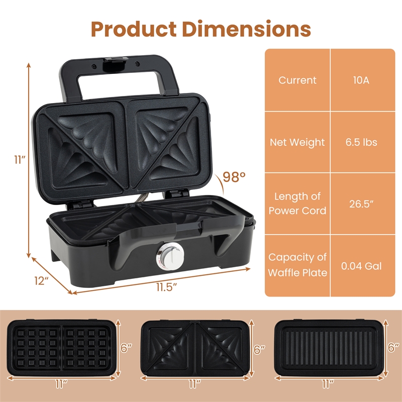 3 in 1 Waffle Iron Panini Press Grill and Sandwich Maker Set with Removable Non-Stick Plates Black Stainless Steel