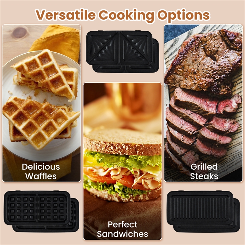 3 in 1 Waffle Iron Panini Press Grill and Sandwich Maker Set with Removable Non-Stick Plates Black Stainless Steel
